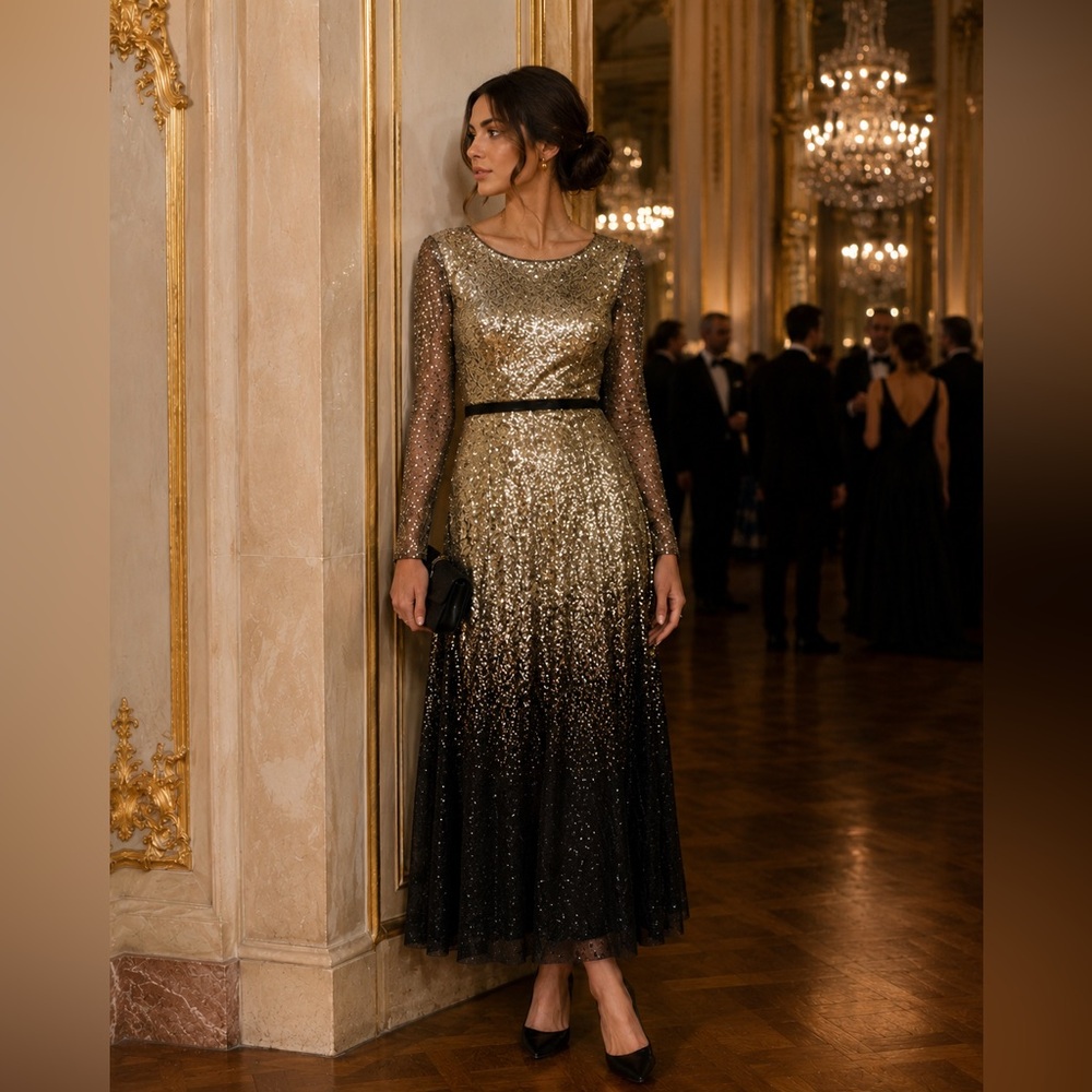 Women’s small Gold and Black Sequin Evening long Gown formal SO wedding guest